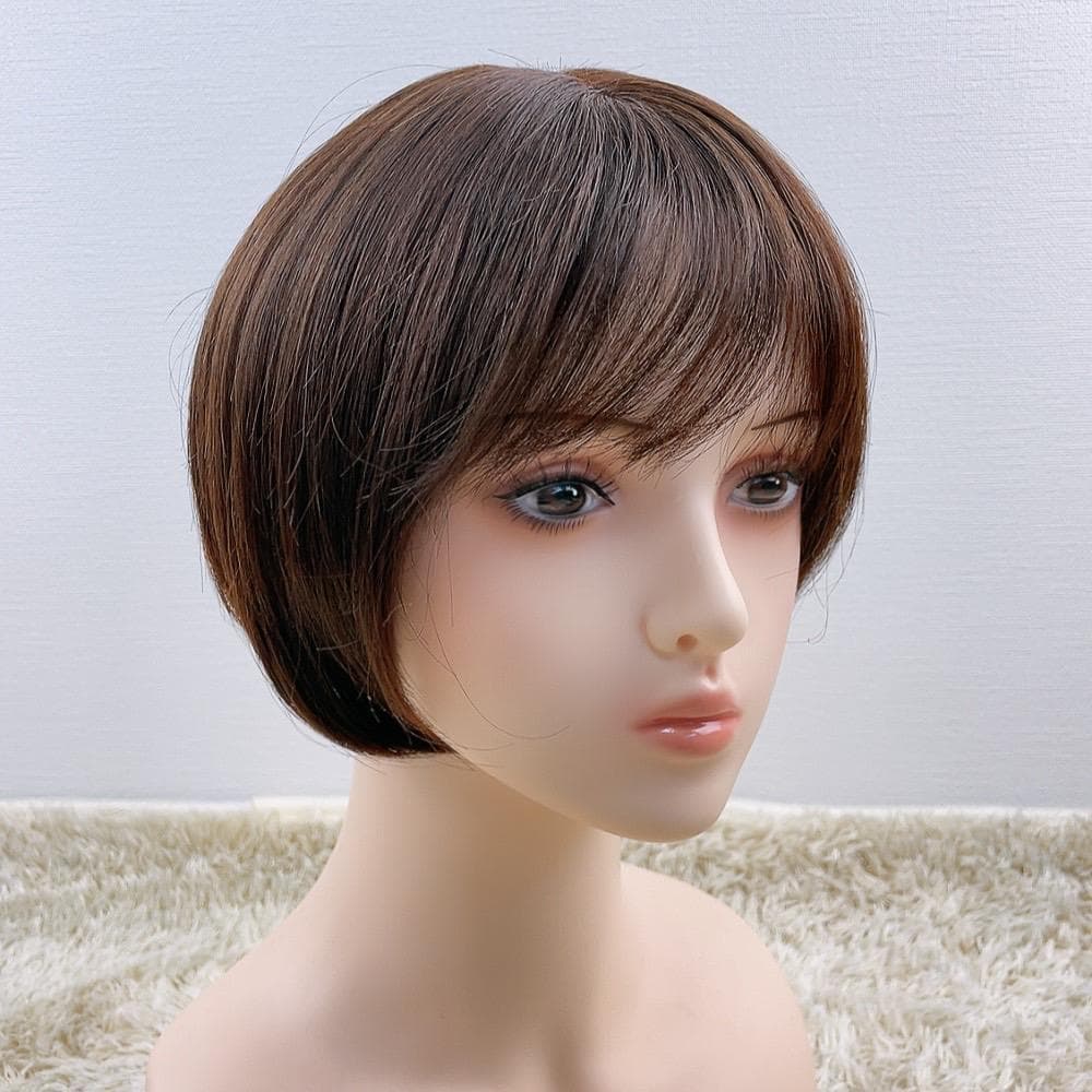 人毛100%フルウィッグ 医療用 ショートヘア ストレート 茶髪 ダークブラウン