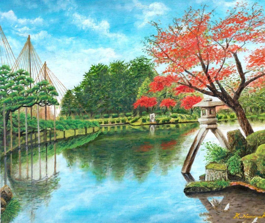 「秋の兼六園」F10 油絵 絵画 風景画 油彩画 額縁 原画