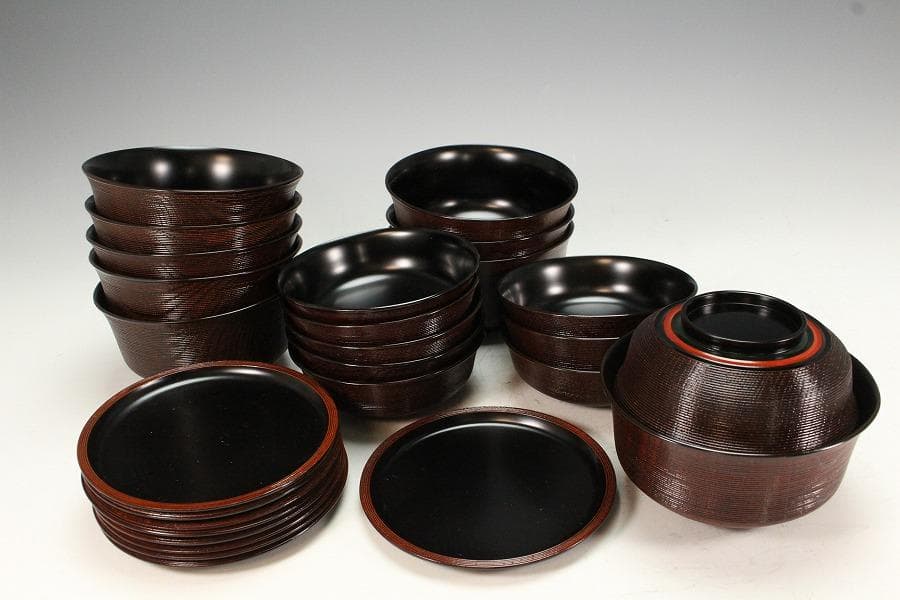 石州好 独楽塗 蕎麦椀 九客 受皿 九客 平安象彦製 共箱(K-A750)