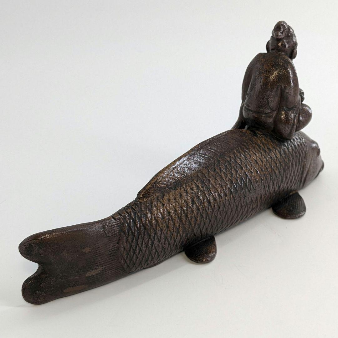木村陶峰 備前焼 鯉仙人置物 琴高仙人 細工物 魚 縁起物 工芸品 インテリア