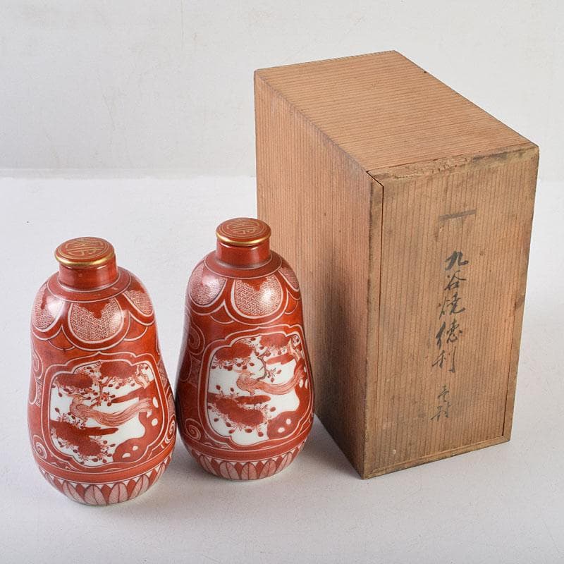 九谷焼　古九谷　赤絵　花鳥文　徳利　在銘　一對　時代箱付　V　R9270