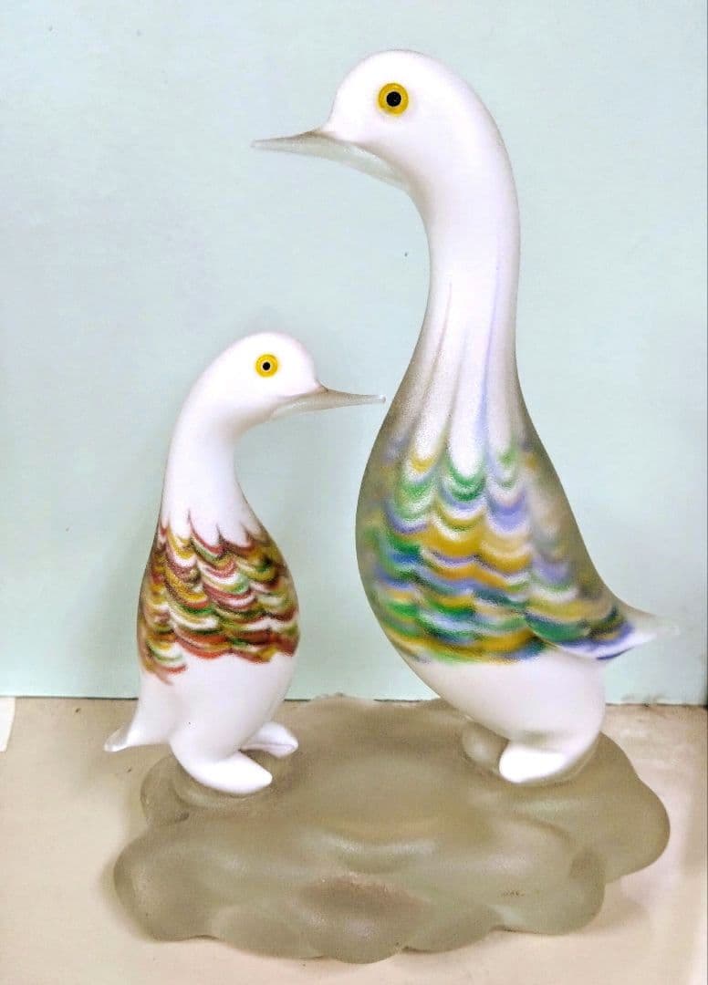 ベネチアングラスの置き物　2羽の鳥　フロストガラスコーティング　ハンドメイド