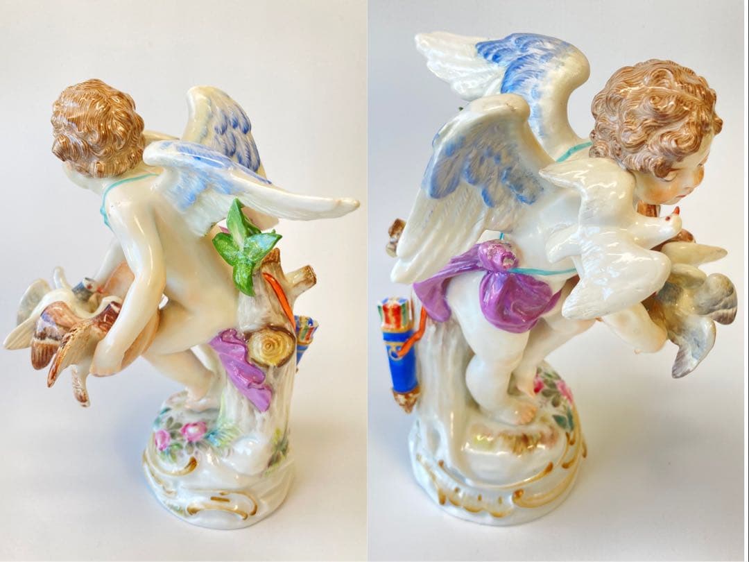 古マイセン 人形 フィギュリン 「鳩に給餌する天使」 1級品　1898年