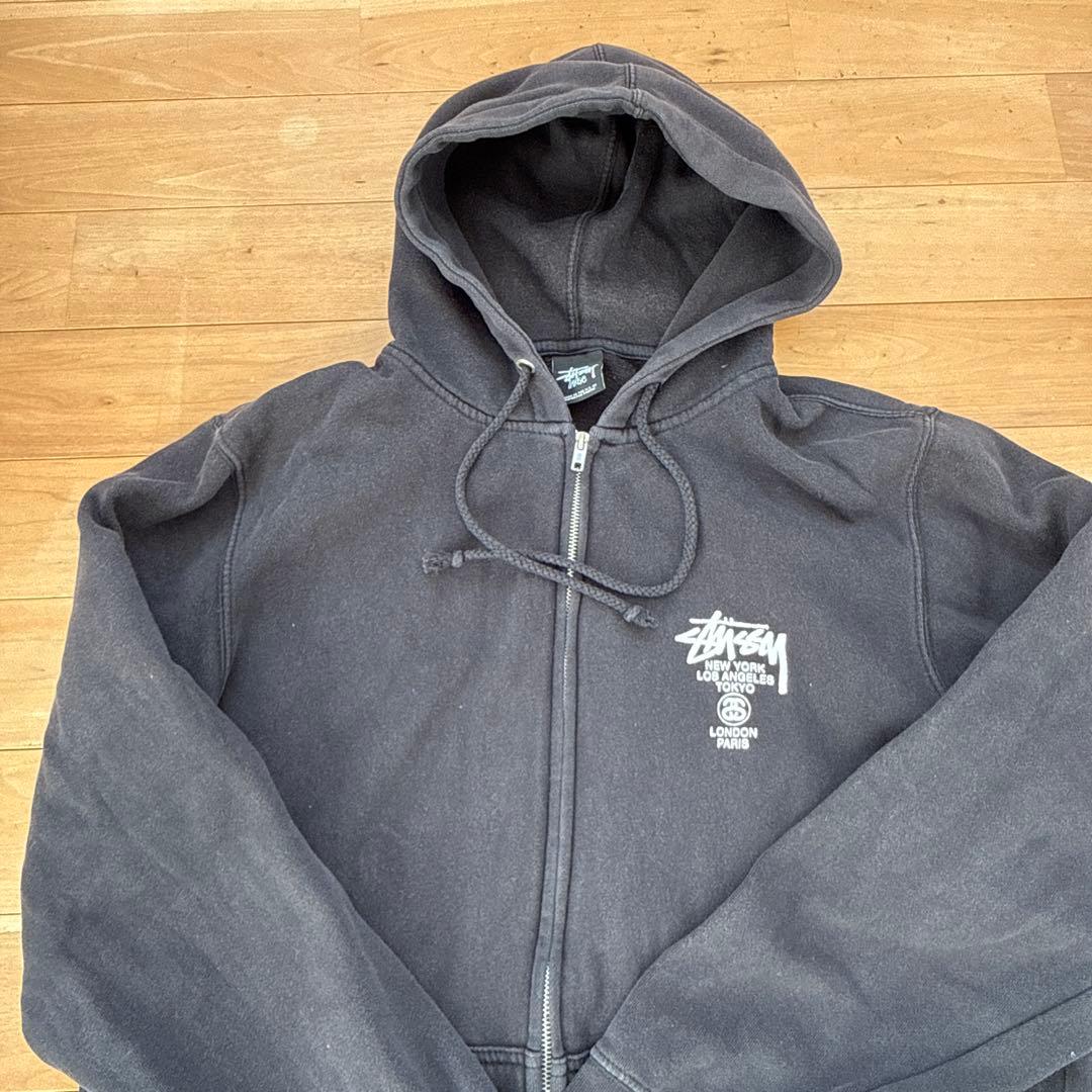 stussy ジップアップパーカー　ワールドツアー　ブラック　L フーディ　黒