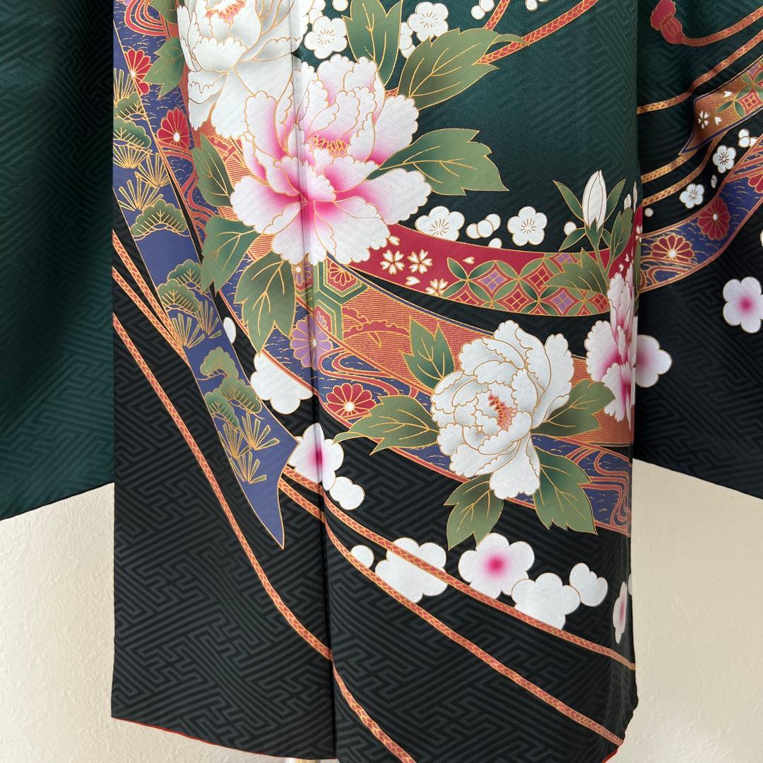387 振袖フルセット 正絹 深緑 グリーン 金彩 暈し染め ゆったり XL