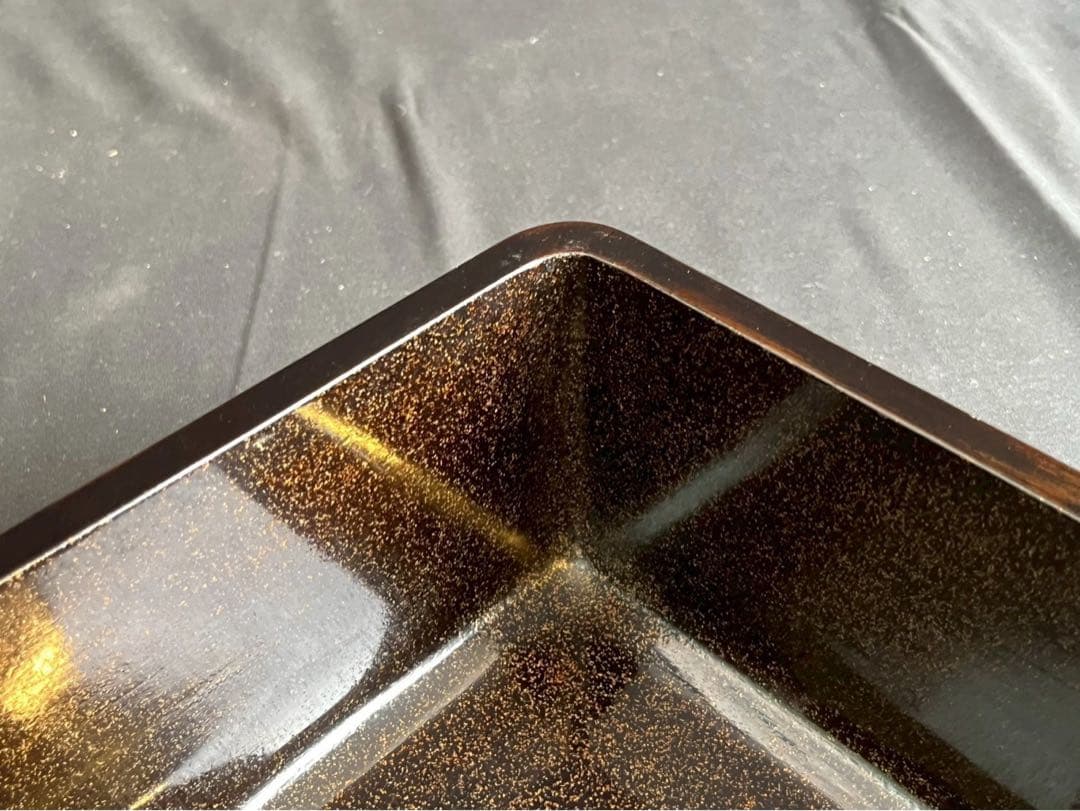 時代漆器 市松蒔絵 黒塗 内梨地 五段重箱 二枚蓋 合蓋三枚付 共箱 / 輪島塗