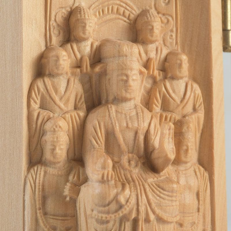 仏教美術　柘植彫刻　諸尊仏龕　三開仏　仏像　木箱付　N　9423