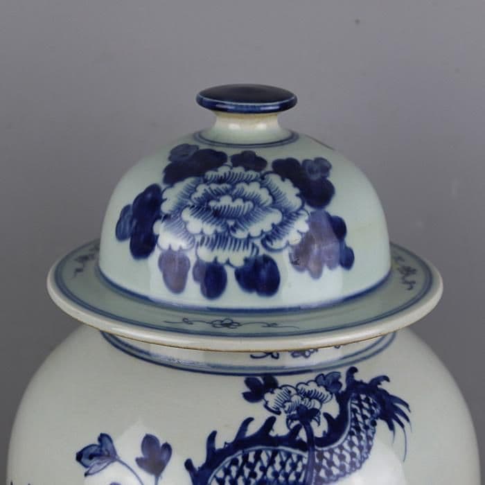 清康煕青花竜着牡丹紋将軍缶 景徳鎮 陶磁器 装飾品 現代工芸品 美術品 置物