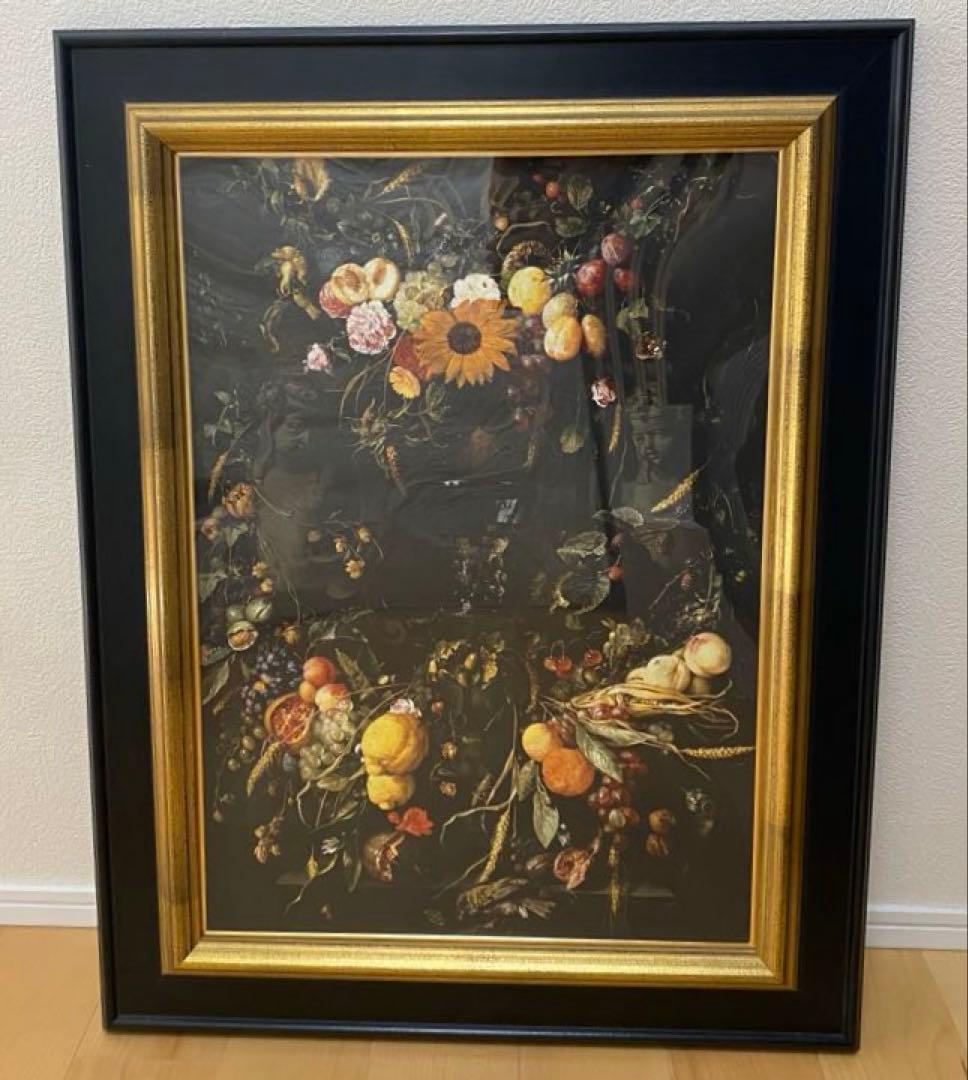 【稀少】絵画　アンティーク　額装　額縁　静物画　西洋　果物　花　ワイングラス