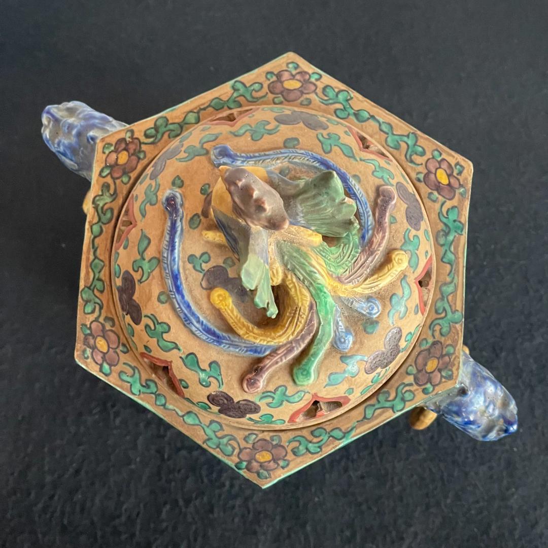 希少 古九谷 青九谷 青手 香炉 角福 1800年 香炉 鳳凰 獅子 吉田屋