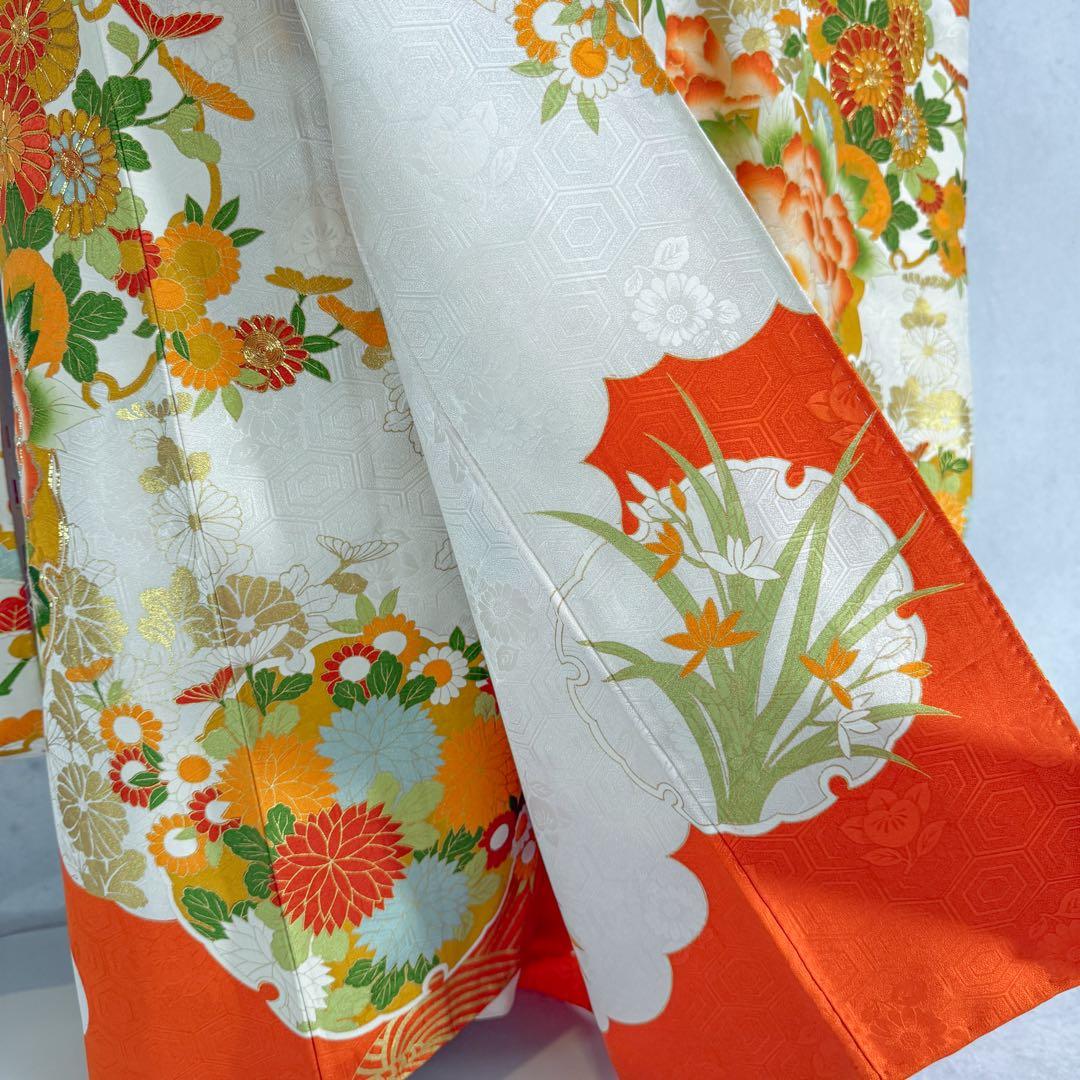 振袖フルセット　古典柄　トールサイズ　161〜171　白地オレンジ　正絹　成人式