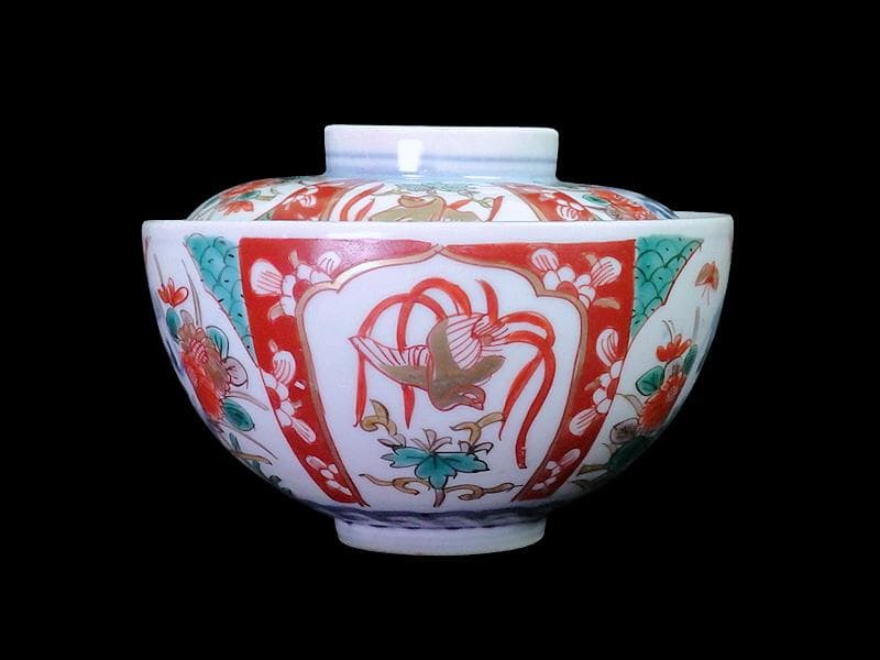 古伊万里　色絵　桐に鳳凰　丸紋に菊の図　蓋茶碗　４客　D200AS-fbut