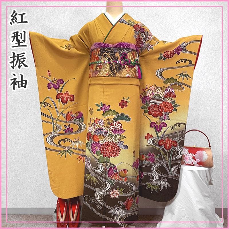 専用508z27.506y11.小物〇紅型振袖 松竹梅 オシドリ 辛子色〇美品