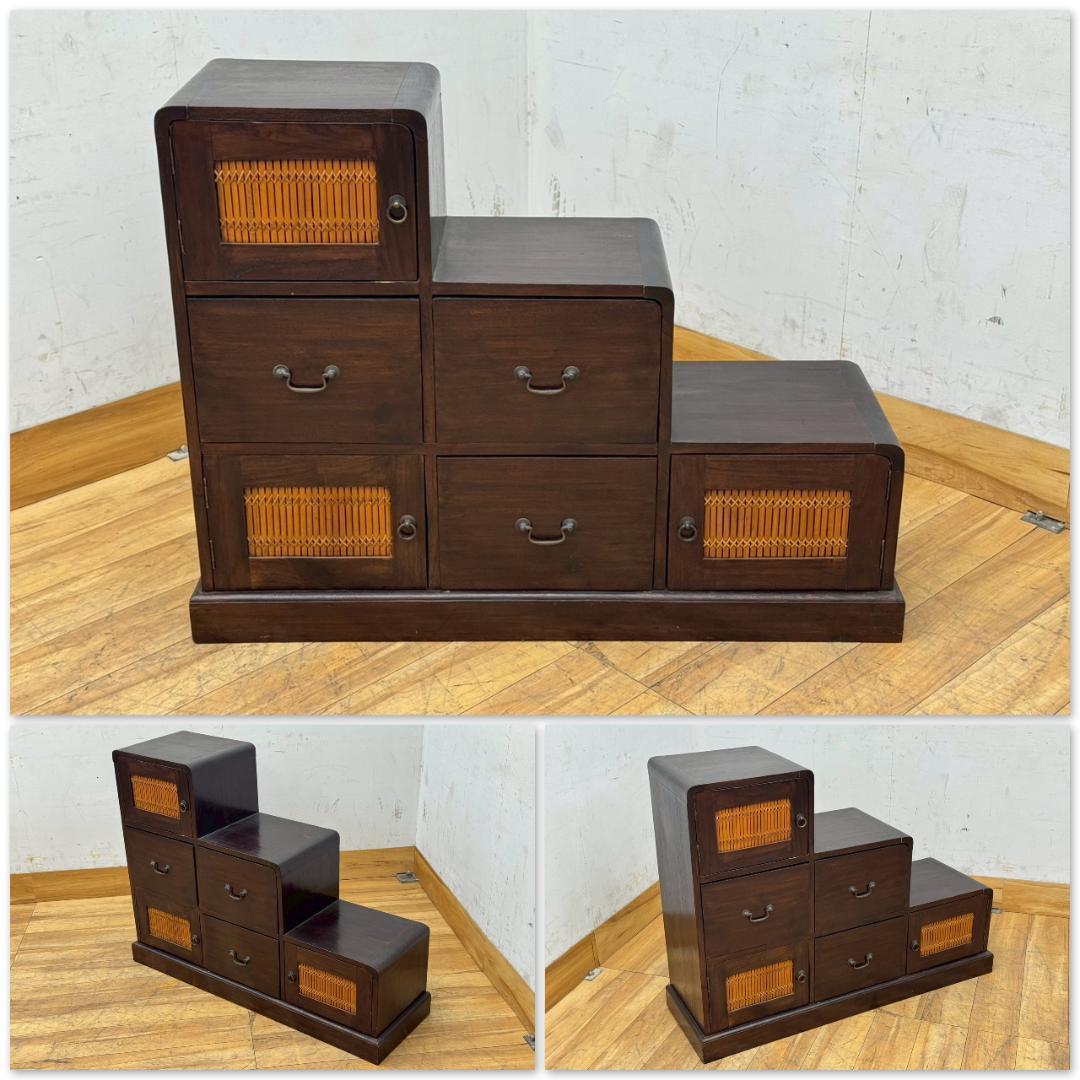 T1492☆階段箪笥　アジアン家具　和箪笥　時代箪笥　組子細工　木製　和家具