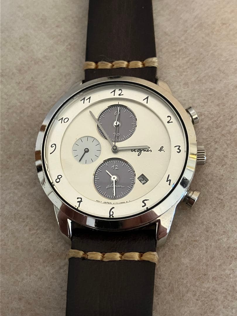 値下げ 稼働★アニエス・ベー クロノグラフ アイボリーメンズ ソーラー腕時計