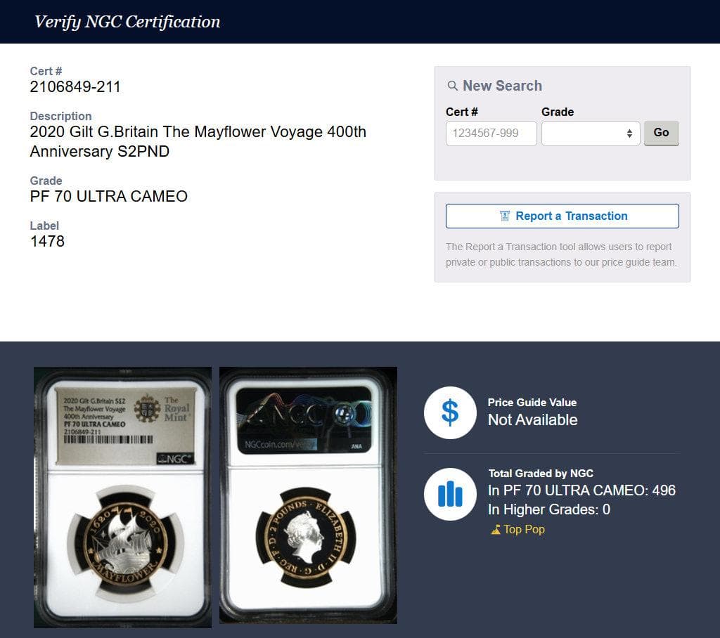 2020年イギリス メイフラワー号 400周年 ￡2 銀貨 NGC PF70UC