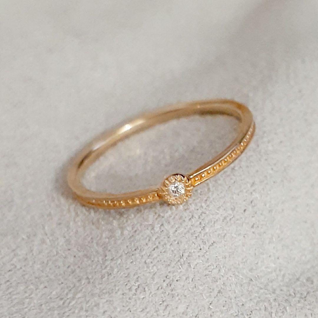 エテ K10YG レイヤード ミル打ち 1粒ダイヤモンド リング