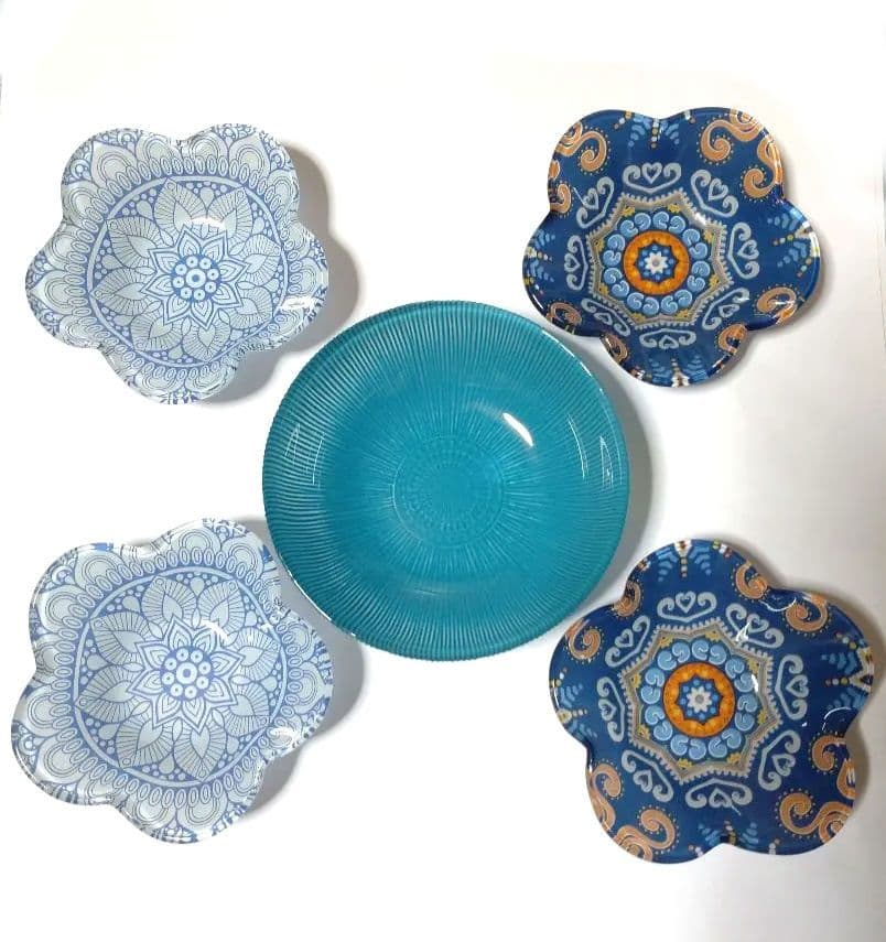 デザートボウル ■ 5点 ガラスボウル 皿 オリエンタル柄 青 蚤の市