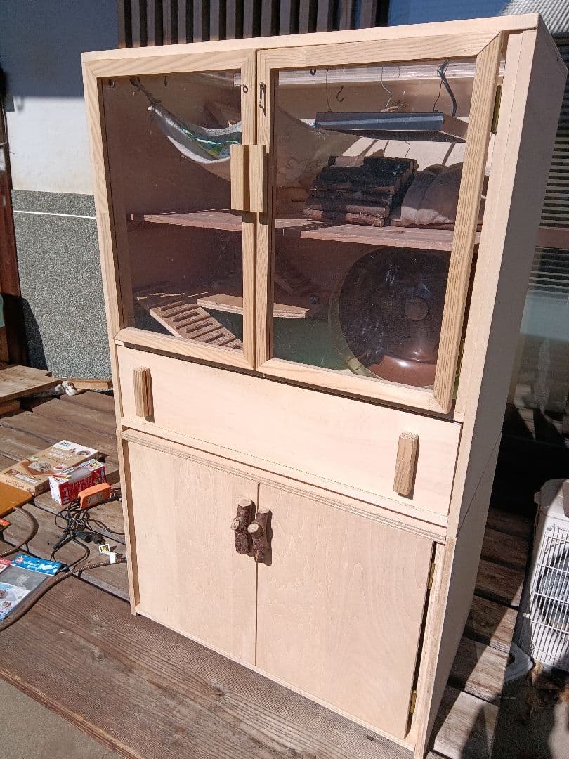 自作のケージ　小動物　ハリネズミ　特大サイズ　フルセット　収納　木製無垢　飼育用