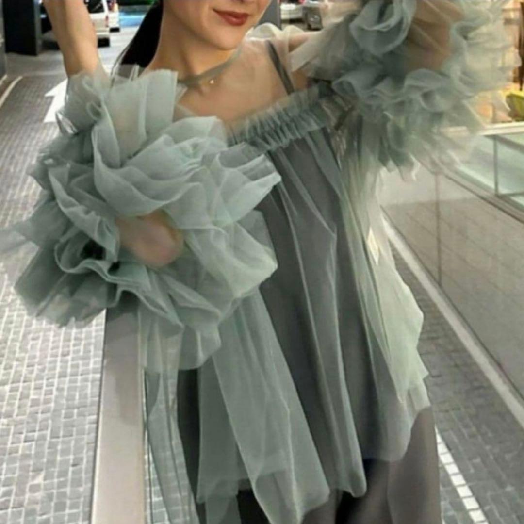 ANDRESDアンドレスド　ニアナ　グリーン　チュールフリルブラウス