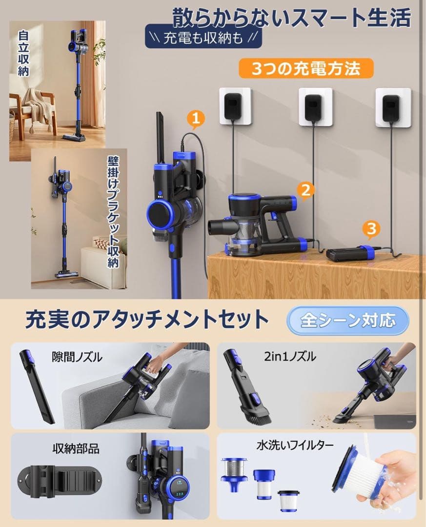 掃除機 コードレス 45kPa超強力吸引 腰痛ゼロフレックスネック設計