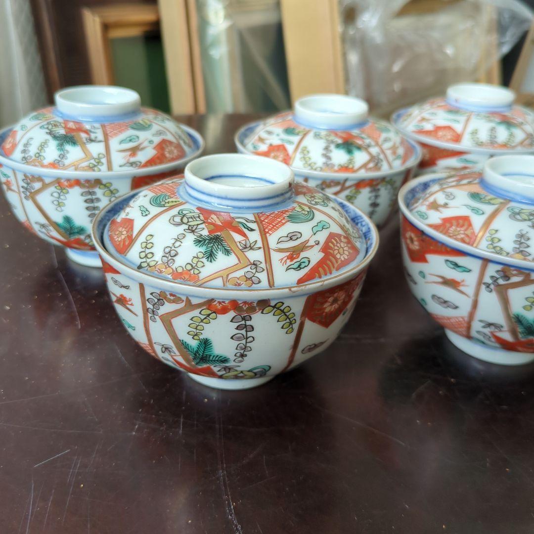 苺大福　骨董　蓋茶碗　青地４つ　朱地2つ　合計6つ