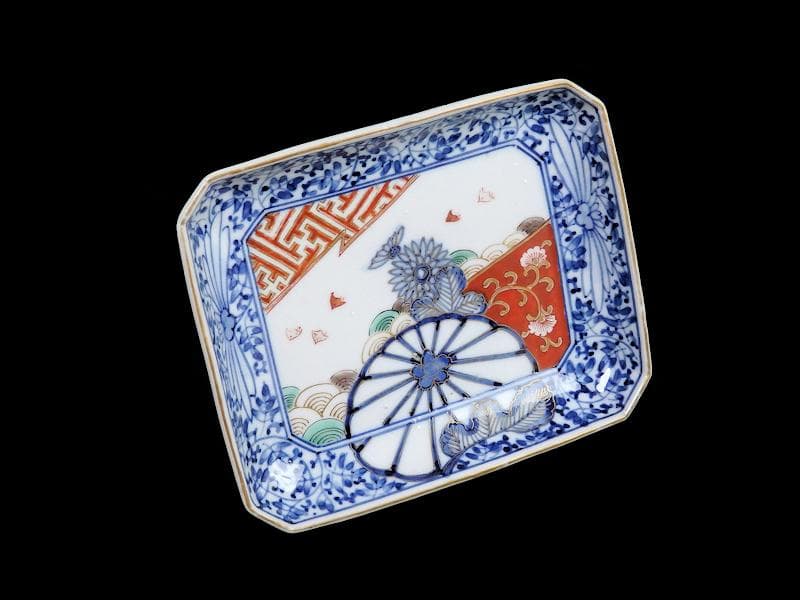 大聖寺伊万里　染錦　波千鳥に菊　花唐草の図　長皿　B288AS-CRn