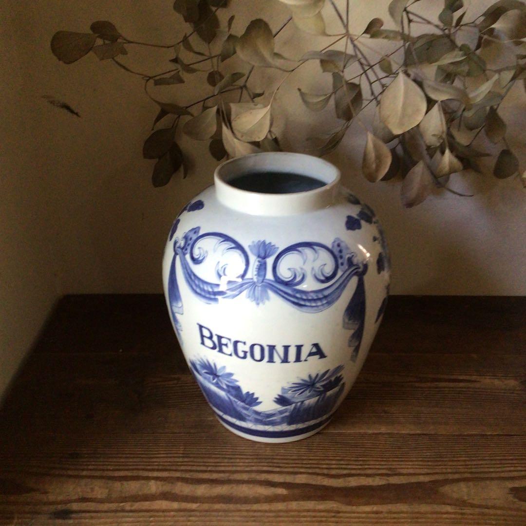 3582 オランダ デルフト陶器　BEGONIA 染付　和蘭　タバコ壷　送料無料
