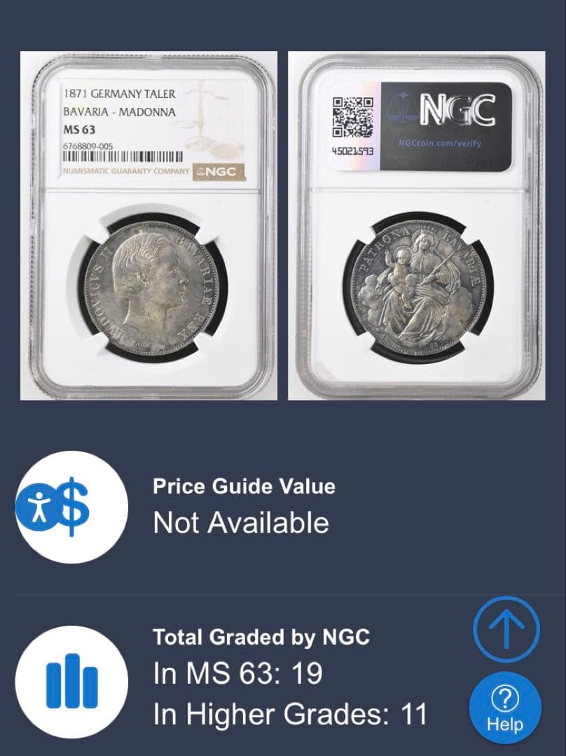 【NGC MS63】1871年ドイツ バイエルン ルートヴィヒ2世 ターラー銀貨