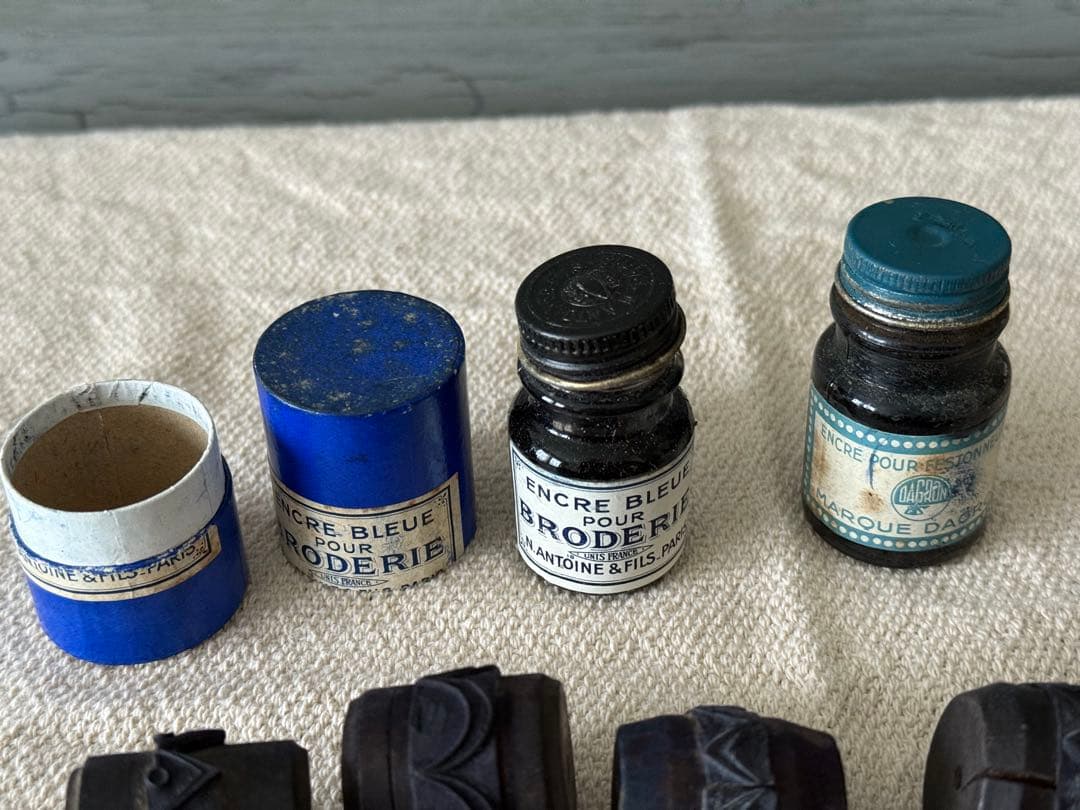 フランスアンティーク　木製スタンプ 15個セット インク瓶付き