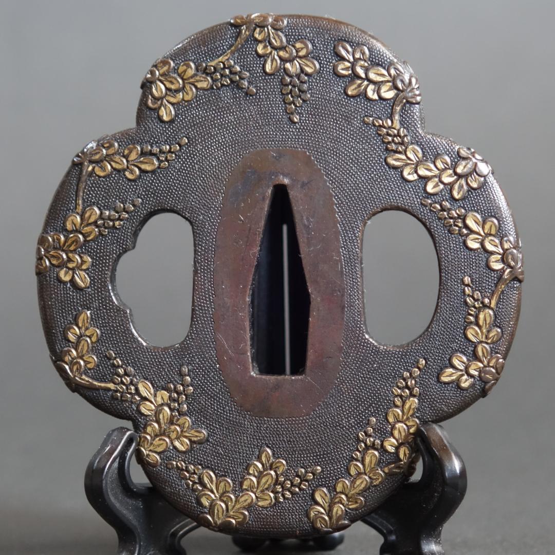 鍔 鐔 武具 骨董 刀装具 江戸時代【美濃 銅魚々子地 萩図鍔】(鍔箱付き)