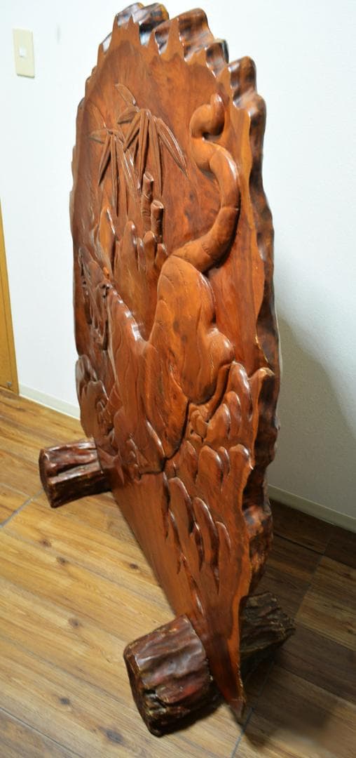 衝立　一枚木　最上級材質　欅　虎竹彫刻