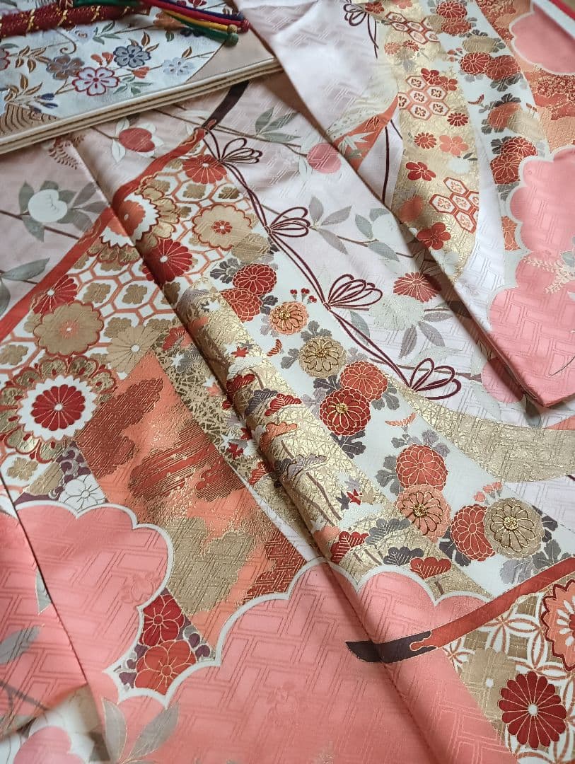 吾妻徳穂　振袖フルセット　美品　コーラル系　華やか　古典　丈158　裄66