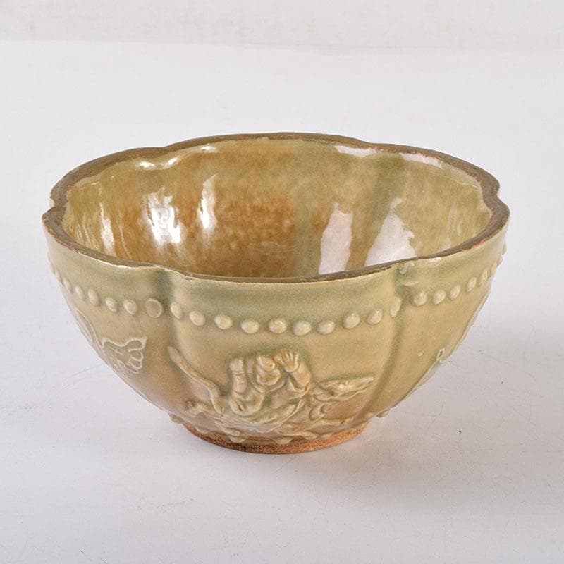 中国　唐　越州窯　青磁　葵花形貼花　茶碗　輪花碗　時代箱　V　R7780