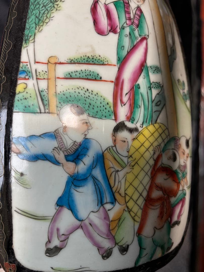 中国古美術品　清末民国時代　粉彩黒漆食匣　食盒 高さ約25cm