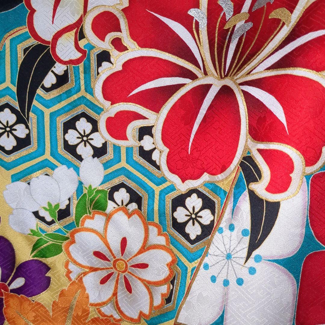 正絹振袖 駒刺繍 紫野 百合 金彩 振袖セット 振袖フルセット 青緑 81