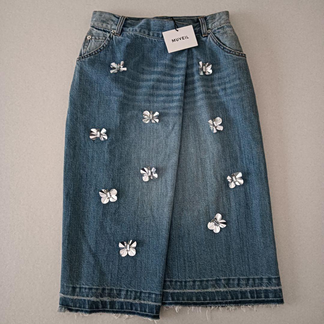 未使用タグ付き MUVEIL(ミュベール) 刺繍 蝶 デニムスカート定価3.7万