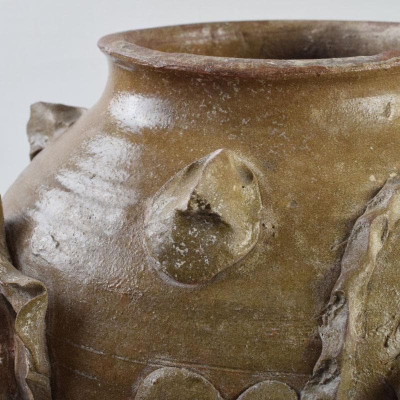 中国　飴釉　花草刻　双耳壷　時代箱　Z　8615A