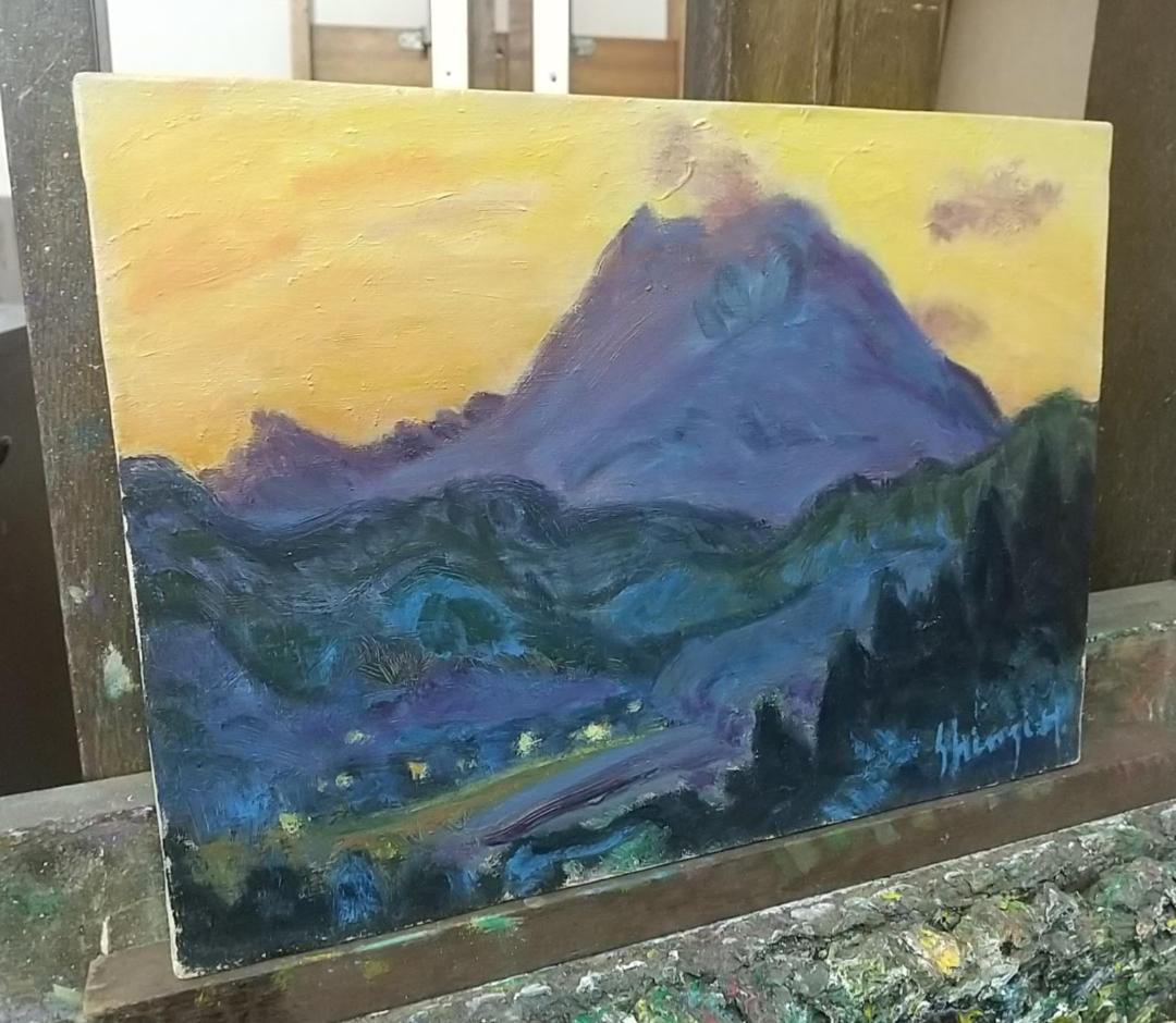 油彩画 「浅間夕景」油絵 絵画 F4 風景画 アート 額装 額縁 古径
