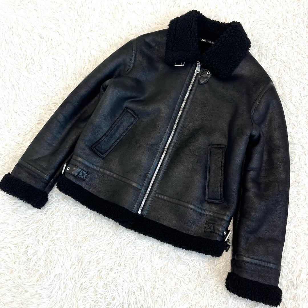 美品☆ ZARA ボアジャケット　フェイクレザー　ブラック　Lサイズ