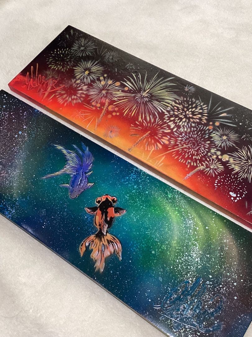 スプレーアートエデン　原画　ウッドアート　金魚と花火2枚セット