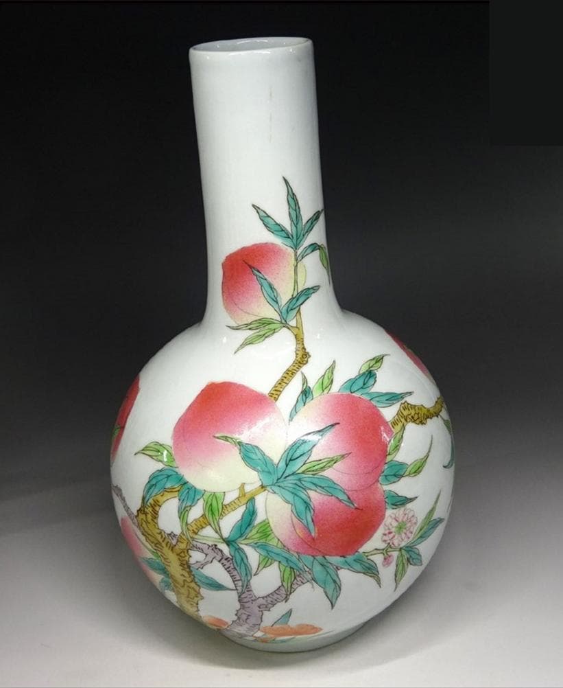 中国古玩 粉彩 桃漢詩文 景徳鎮製 花瓶 高約28.5cm f031107