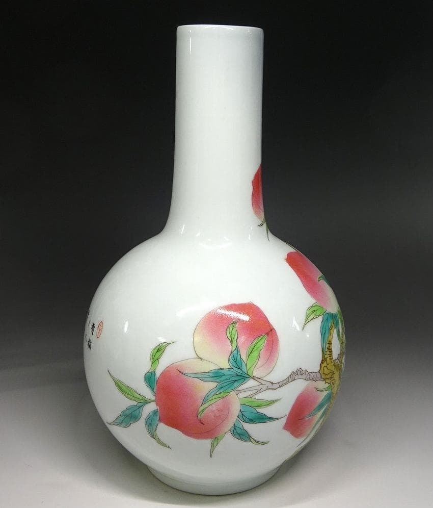 中国古玩 粉彩 桃漢詩文 景徳鎮製 花瓶 高約28.5cm f031107