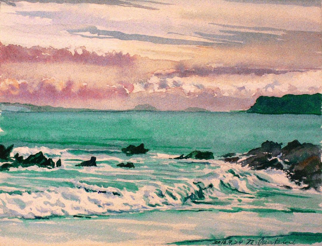 水彩画 海景 額装済み 原画 F６号