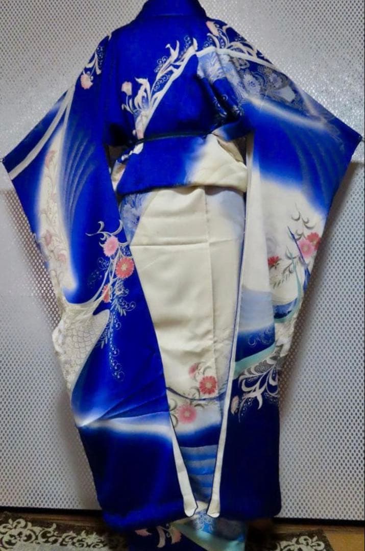 濃青　正絹振袖フルセット(5点) 袋帯・長襦袢付き！・半衿・帯揚げ　友禅　孔雀