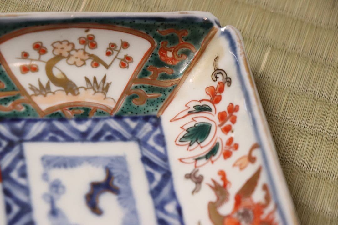 【CM50】古伊万里 色絵 長方刺身皿 角皿 五客 桐鳳凰 松竹梅 扇面 花唐草