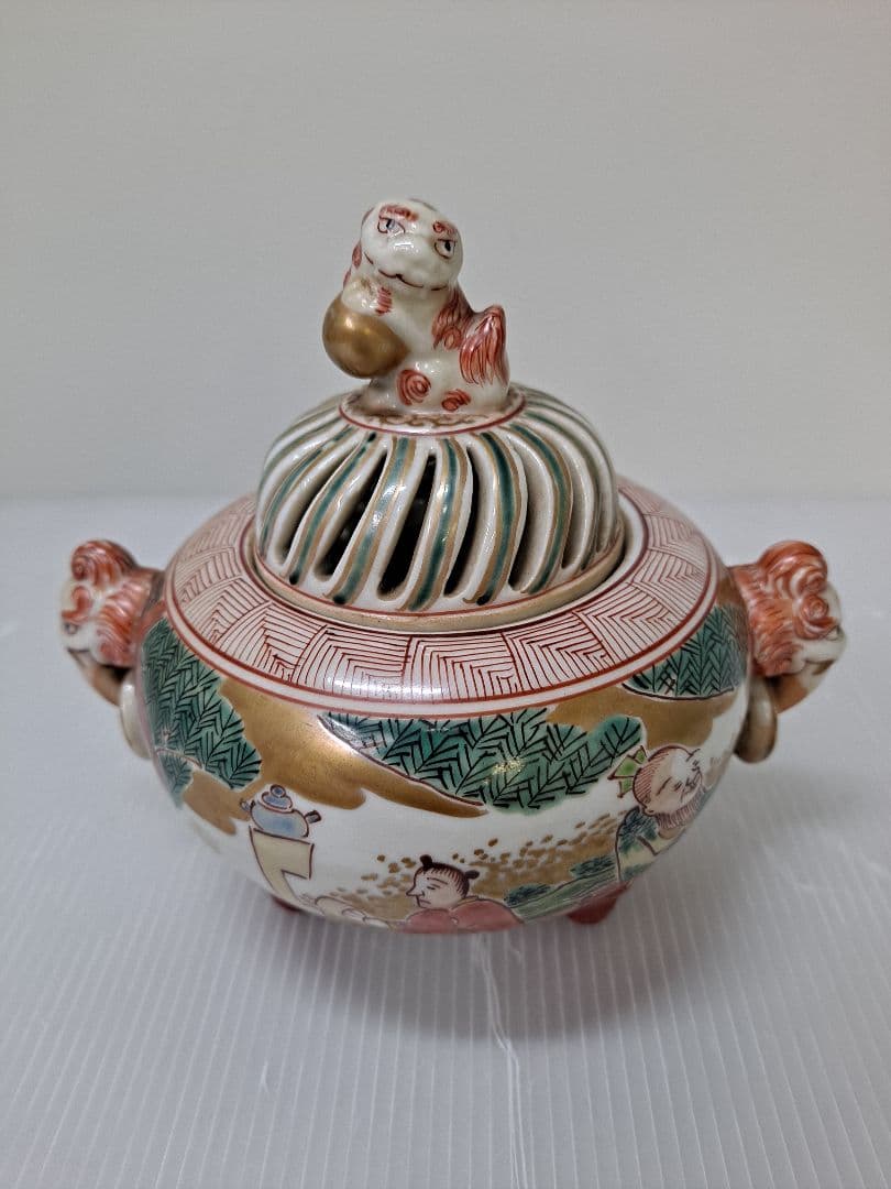 九谷焼 未使用 耳付き 三つ足香炉 赤絵 つまみ狛犬 アンティーク
