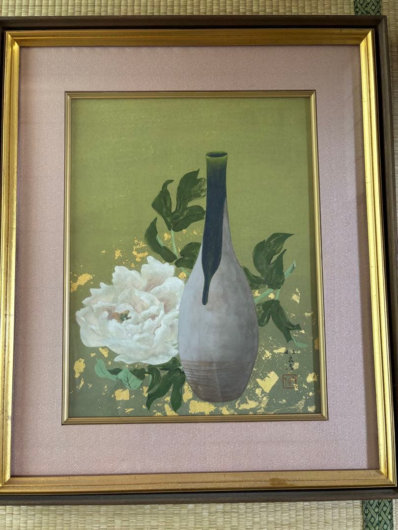牡丹絵画　壺とぼたん　花　花瓶　日本画 金箔使用