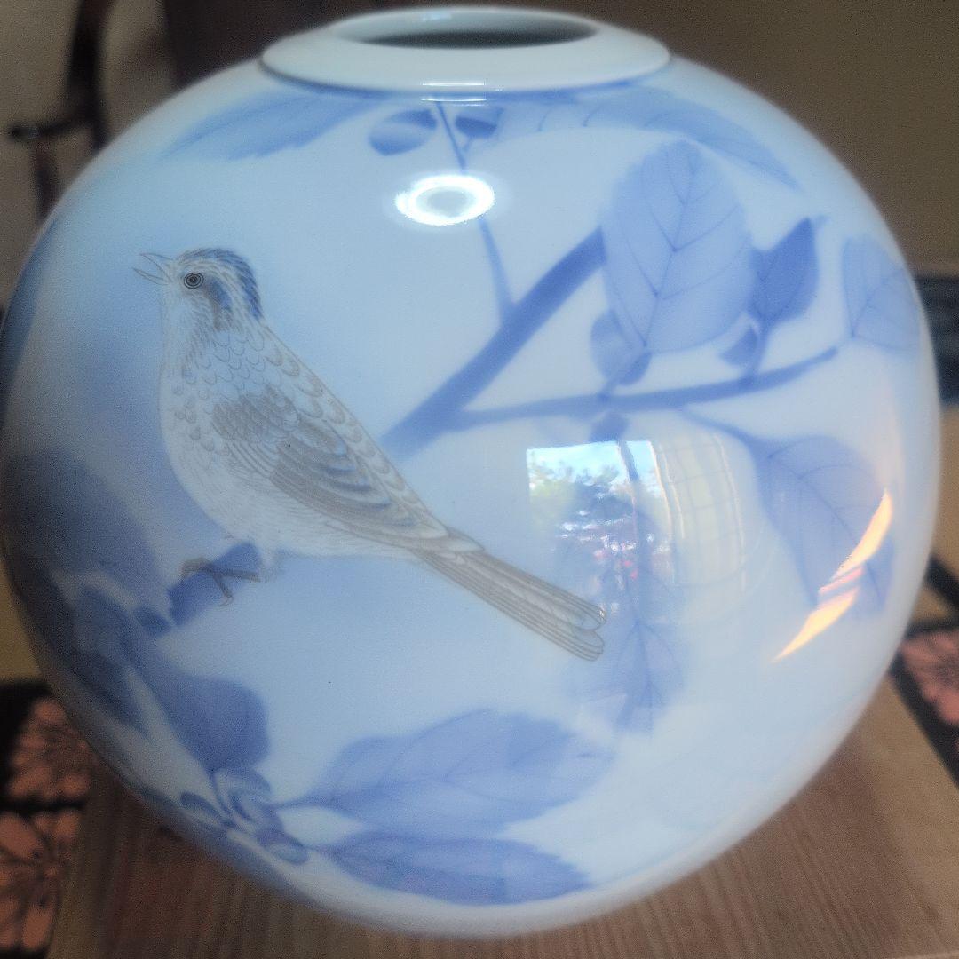 宮内庁御用達 深川製磁 有田焼 花瓶 官窯染付 鳥 白磁 藍絵 特大 花入共箱