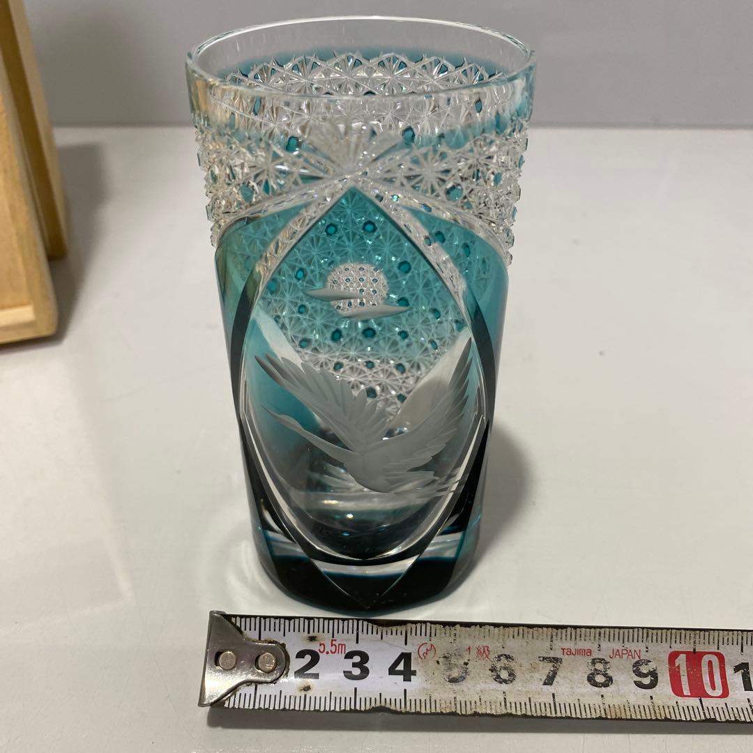 未使用 江戸切子 但野英芳 月に鶴図 ガラス コップ 伝統工芸 切子